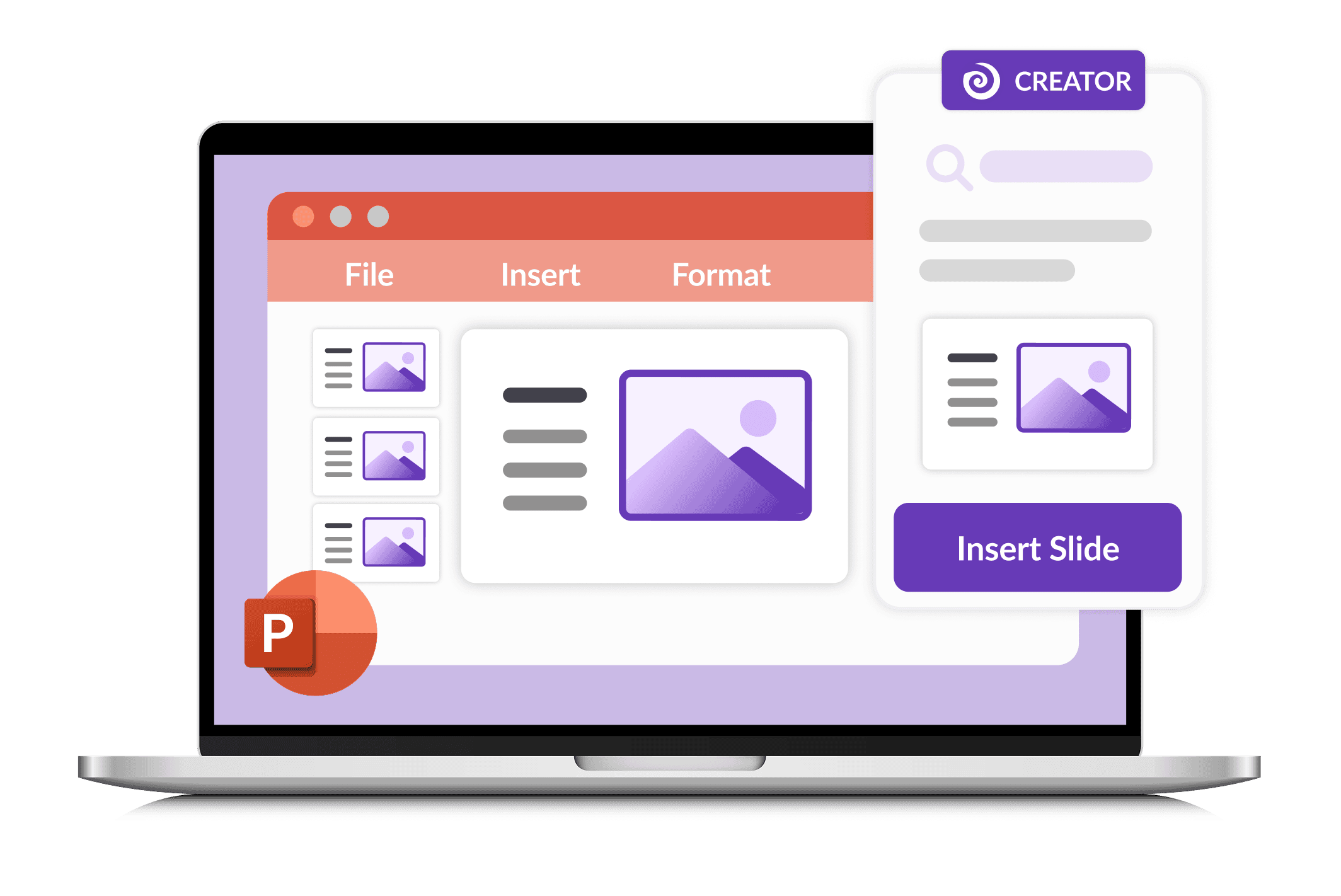Image of a laptop displaying a PowerPoint interface and CREATOR integration.
